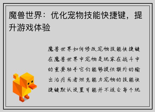 魔兽世界：优化宠物技能快捷键，提升游戏体验